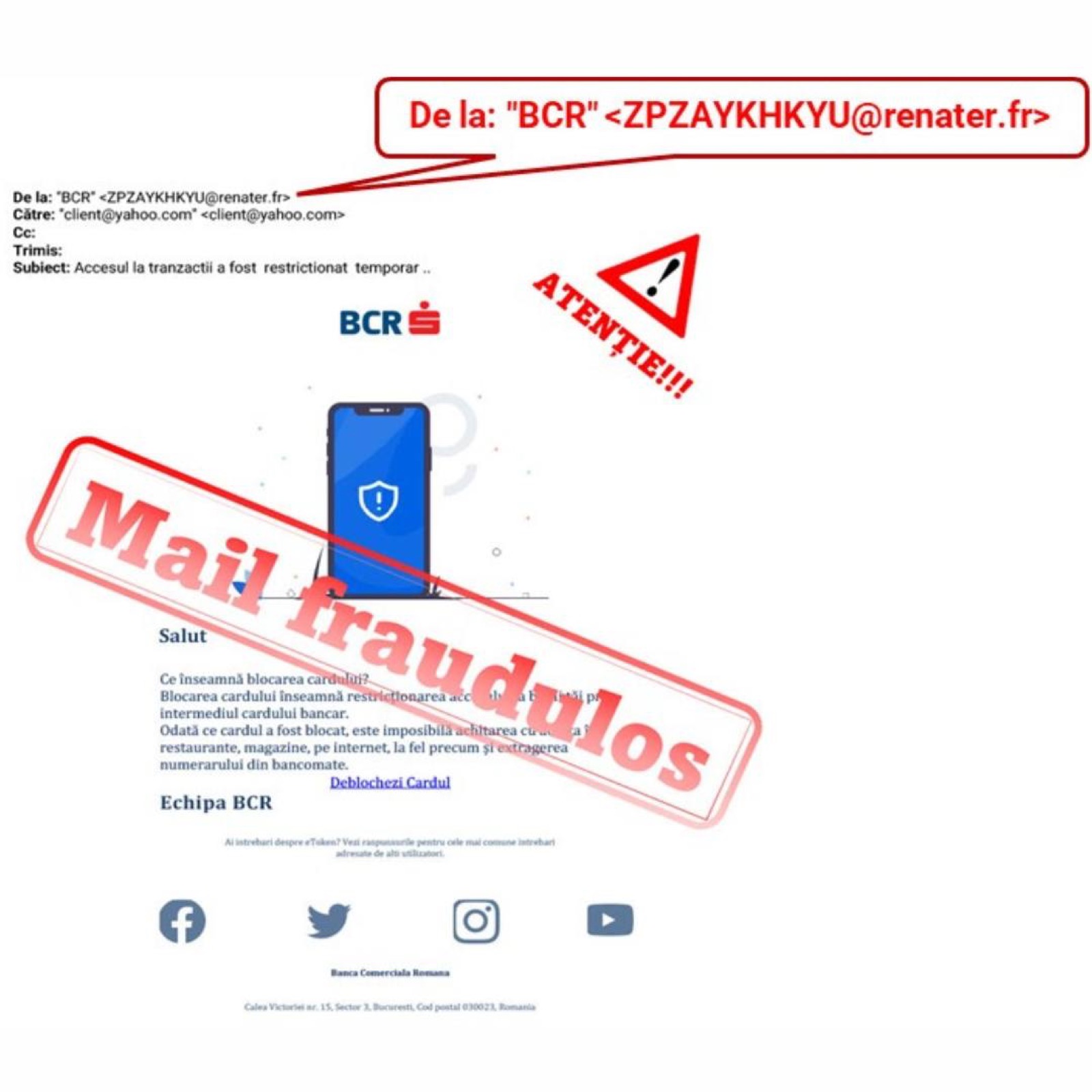 Avertisment DNSC: clienții BCR, vizați de tentative de fraudă online prin site-uri clonă